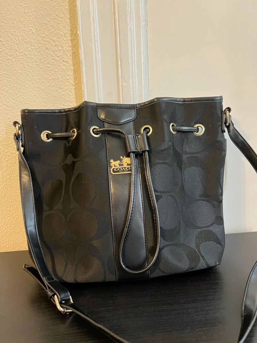 Coach Black Signature Drawstring Crossbody